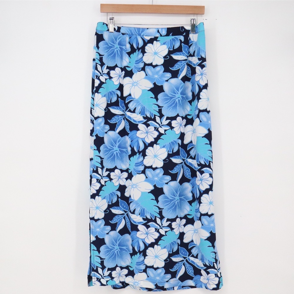 Briggs Skirt Womens Large Blue Floral Tropical Maxi Side Slit NEW
